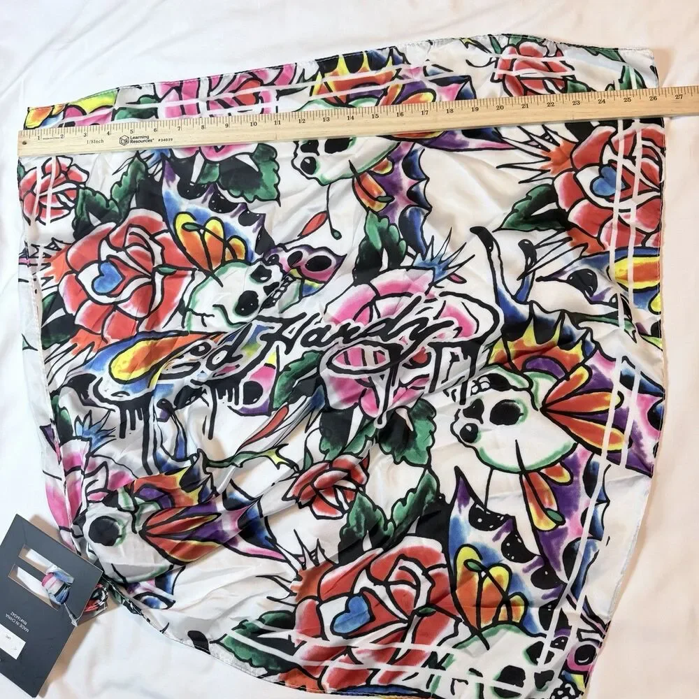 Ed Hardy Y2K Skull Butterfly Roses Logo Print Scarf NWT